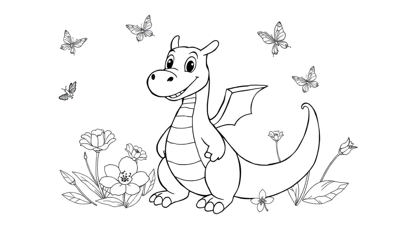 Un dessin au trait d'un mignon petit dragon joyeux dans un champ de fleurs avec des papillons, style dessin animé noir et blanc, pour un color panel.