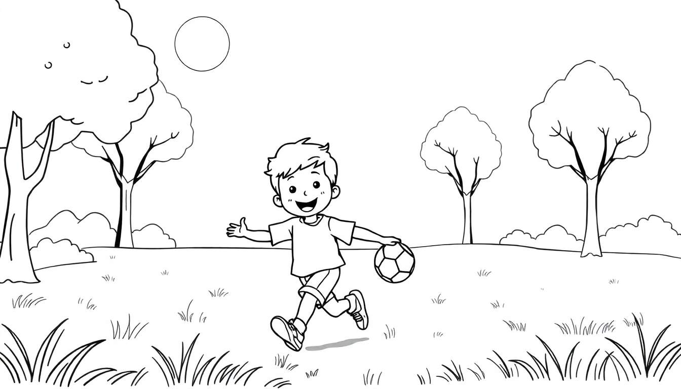 Un garçon court joyeusement dans un parc avec un ballon de football, sous un ciel ensoleillé avec un panneau coloré visible.