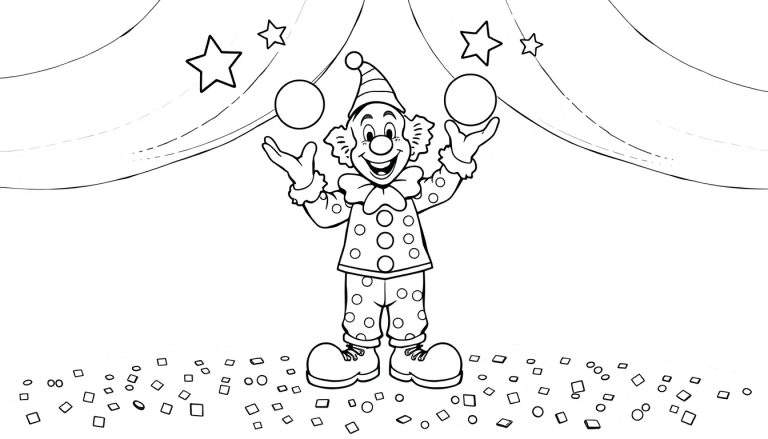 Un clown jonglant avec des balles, entouré d'étoiles et de confettis, devant des rideaux de cirque.