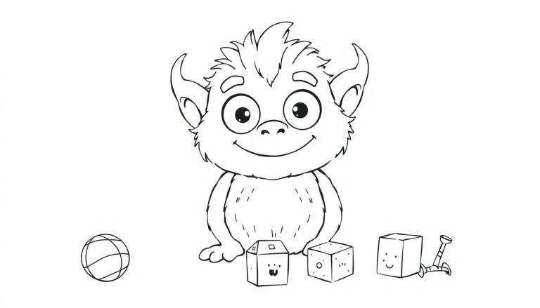 Un monstre amical avec de grands yeux et des jouets autour de lui, prêt pour le jeu.