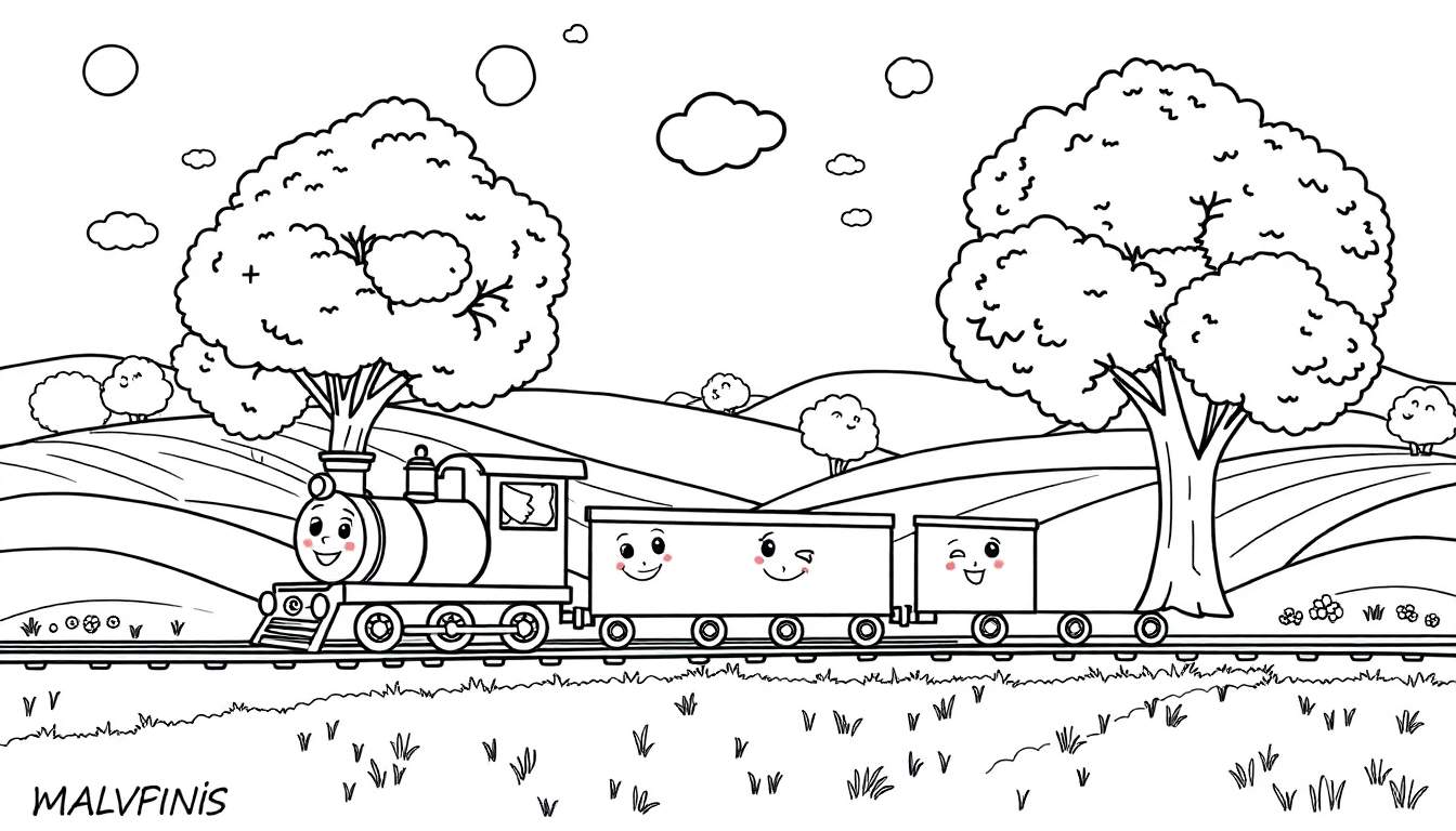 Dessin au trait d'un train souriant traversant un paysage rural avec des arbres et des collines, destiné au coloriage.