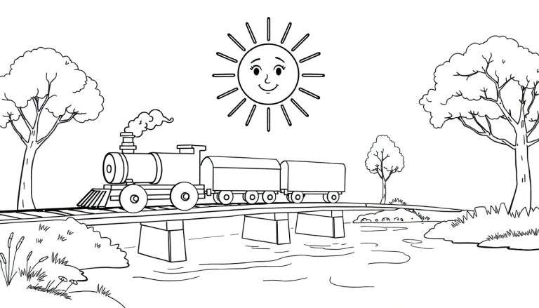 Dessin au trait d'un train joyeux traversant un pont au-dessus d'une rivière, avec des arbres et un soleil souriant dans le ciel, prêt pour le color panel.
