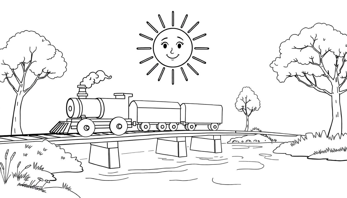 Dessin au trait d'un train joyeux traversant un pont au-dessus d'une rivière, avec des arbres et un soleil souriant dans le ciel, prêt pour le color panel.