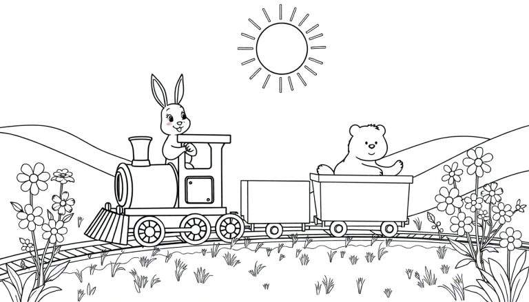 Panneau de coloriage d'un train de dessin animé conduit par un lapin avec un ourson dans le wagon, traversant un paysage rural ensoleillé.