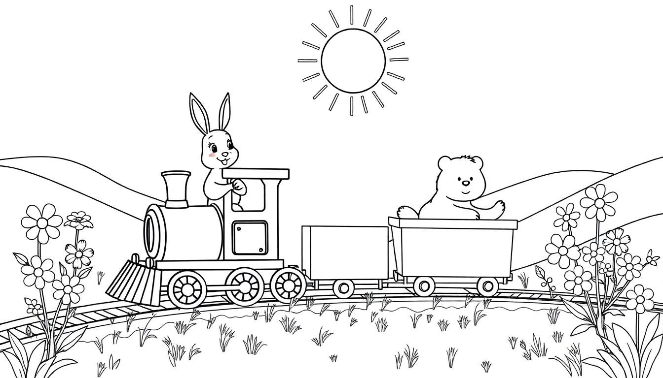 Panneau de coloriage d'un train de dessin animé conduit par un lapin avec un ourson dans le wagon, traversant un paysage rural ensoleillé.