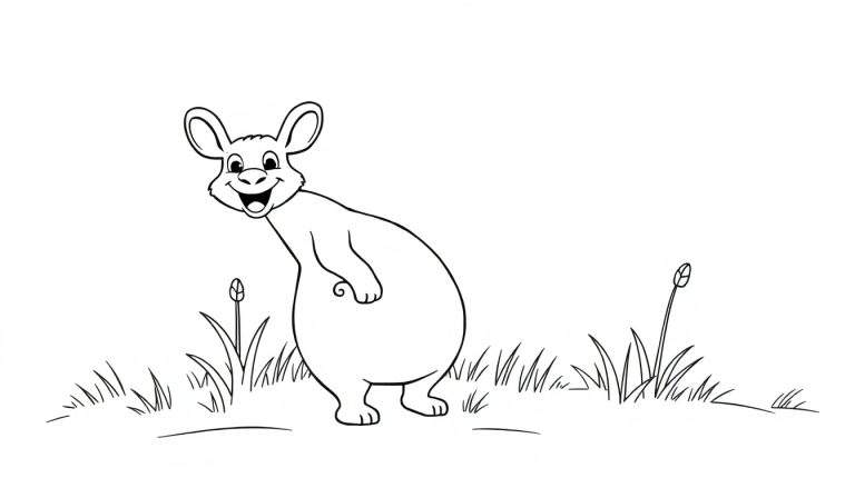 Un dessin au trait d'un kangourou souriant avec des oreilles dressées et une main sur son ventre, se tenant dans l'herbe.