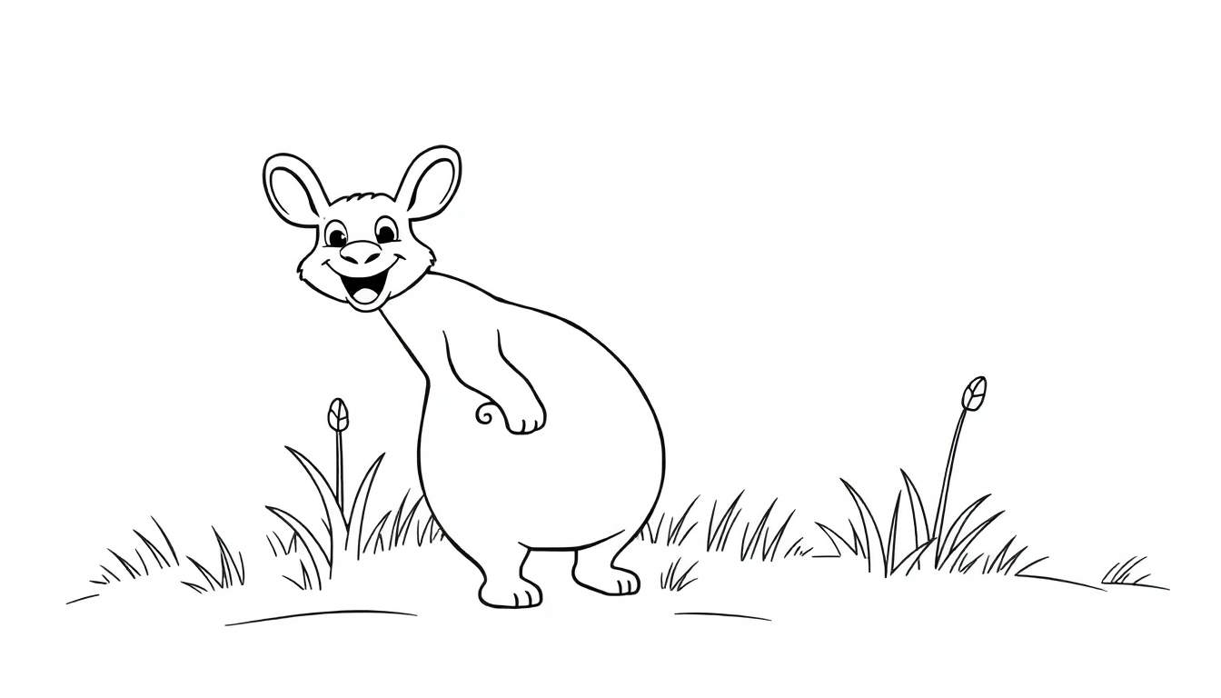 Un dessin au trait d'un kangourou souriant avec des oreilles dressées et une main sur son ventre, se tenant dans l'herbe.