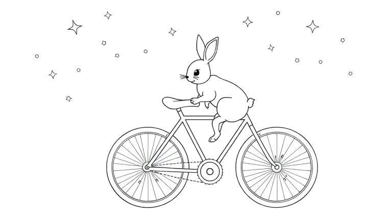 Un lapin sur un vélo dans un ciel étoilé avec des cercles.