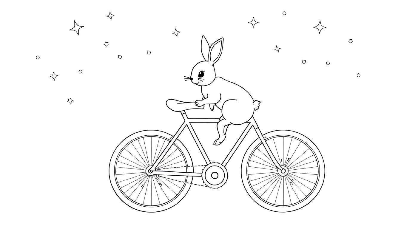 Un lapin sur un vélo dans un ciel étoilé avec des cercles.