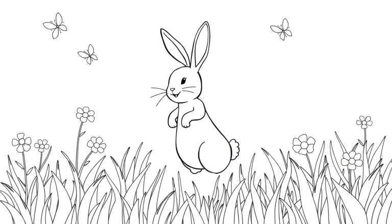 Lapin debout dans un champ d'herbe et de fleurs avec des papillons volant au-dessus, un color panel joyeux.