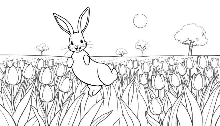 Dessin au trait d'un lapin souriant dans un champ de tulipes, style livre de coloriage, avec le soleil à l'horizon.