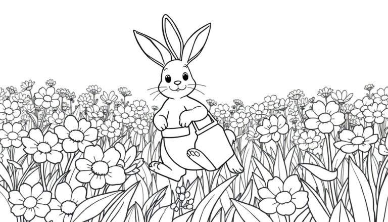 Un lapin de Pâques souriant, vu dans un color panel, tenant un panier dans un champ de fleurs printanier.