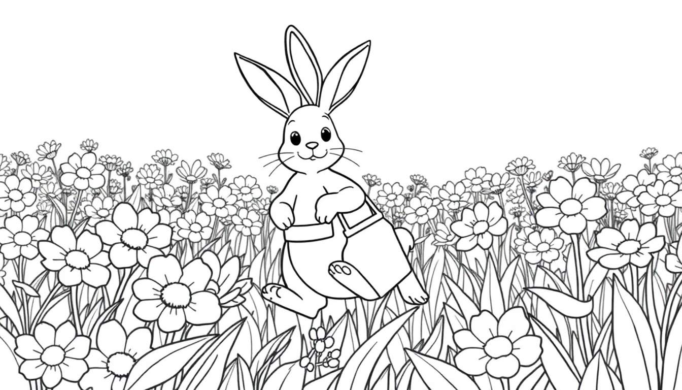 Un lapin de Pâques souriant, vu dans un color panel, tenant un panier dans un champ de fleurs printanier.