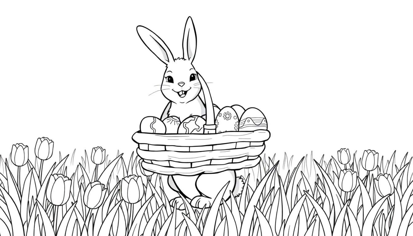 Dessin au trait noir et blanc d'un lapin de Pâques tenant un panier d'œufs décorés, entouré d'herbe et de tulipes, parfait pour un color panel.