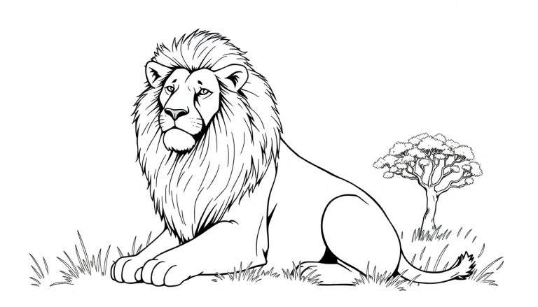 Un lion dans la savane, prêt à être coloré.