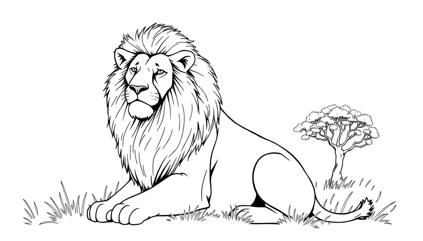 Un lion dans la savane, prêt à être coloré.