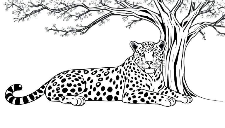 Un dessin au trait noir et blanc d'un léopard couché à l'ombre d'un arbre, avec des taches noires distinctes et une queue enroulée.