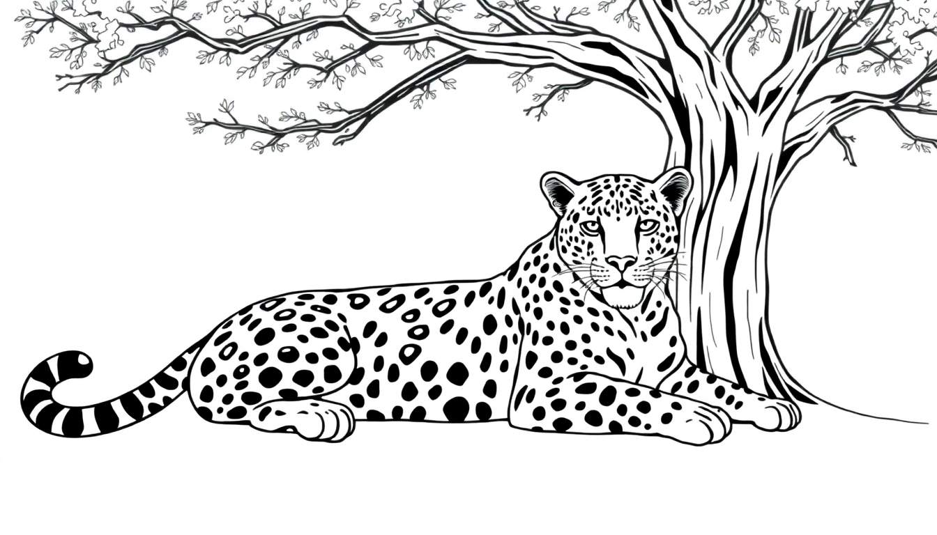 Un dessin au trait noir et blanc d'un léopard couché à l'ombre d'un arbre, avec des taches noires distinctes et une queue enroulée.