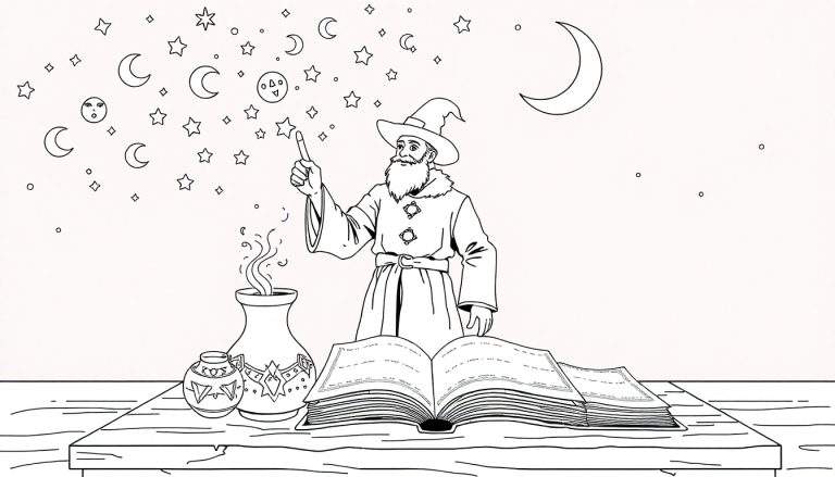 Un magicien noir et blanc agitant sa baguette d'où sortent des étoiles, près d'une table avec un livre ouvert et un vase fumant.
