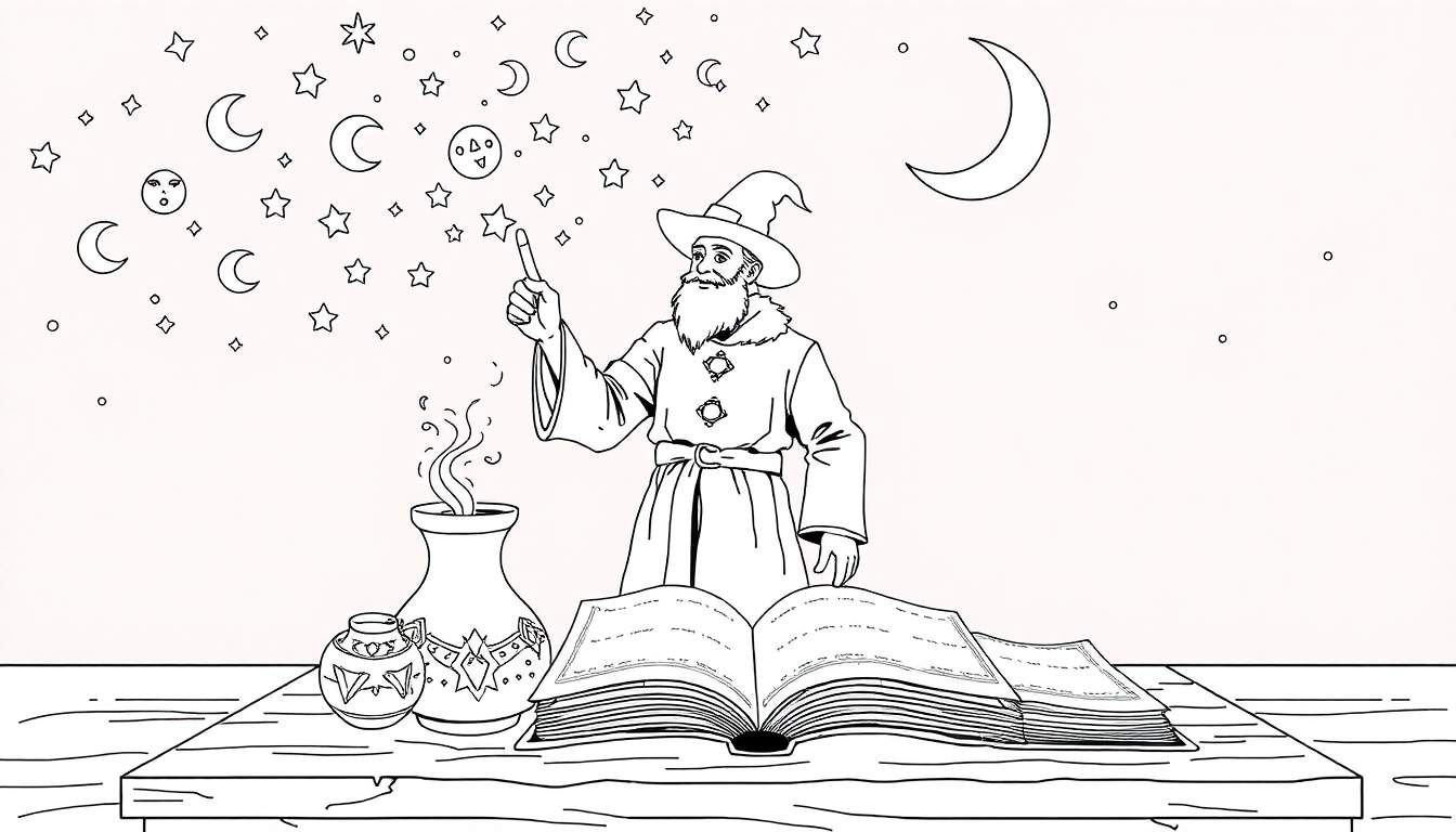 Un magicien noir et blanc agitant sa baguette d'où sortent des étoiles, près d'une table avec un livre ouvert et un vase fumant.