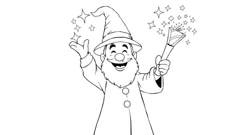 Un magicien joyeux dessin au trait lançant des étoiles.