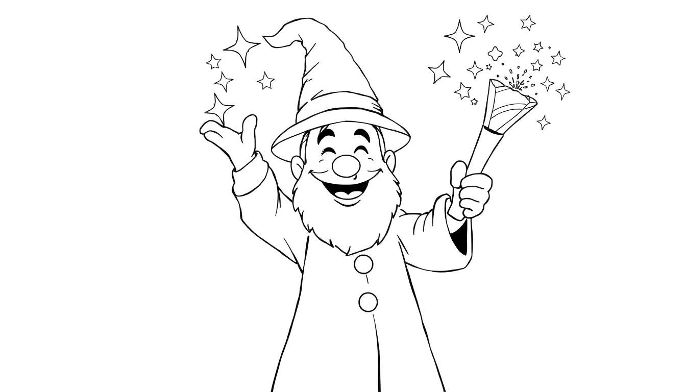 Un magicien joyeux dessin au trait lançant des étoiles.