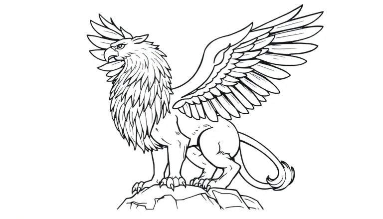 Dessin en noir et blanc d'un griffon majestueux sur un rocher, ailes déployées.