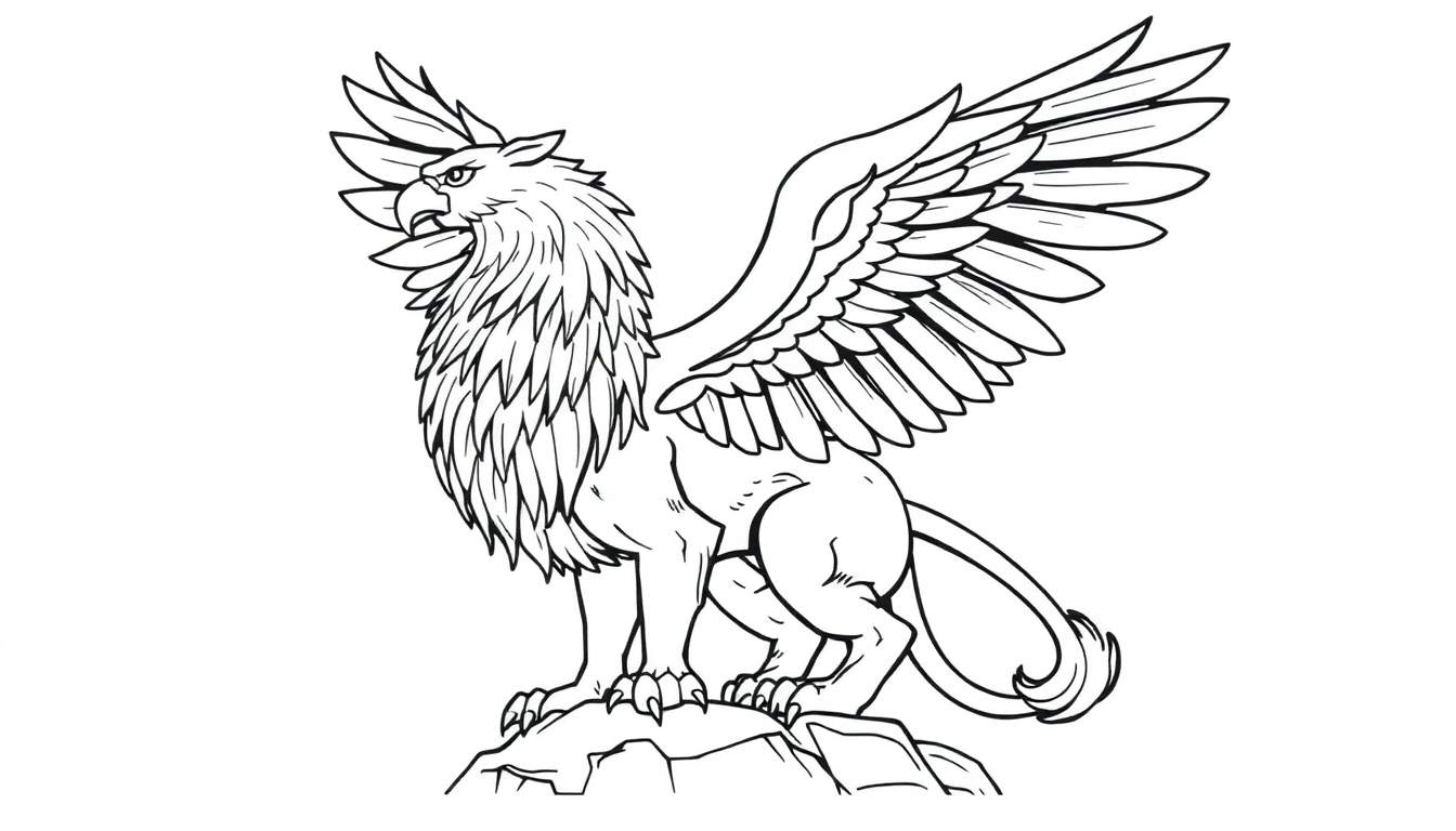 Dessin en noir et blanc d'un griffon majestueux sur un rocher, ailes déployées.