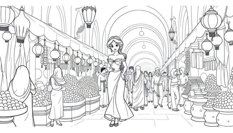 Une femme dans une robe longue au milieu d'un marché animé avec des étals de nourriture et des lanternes.