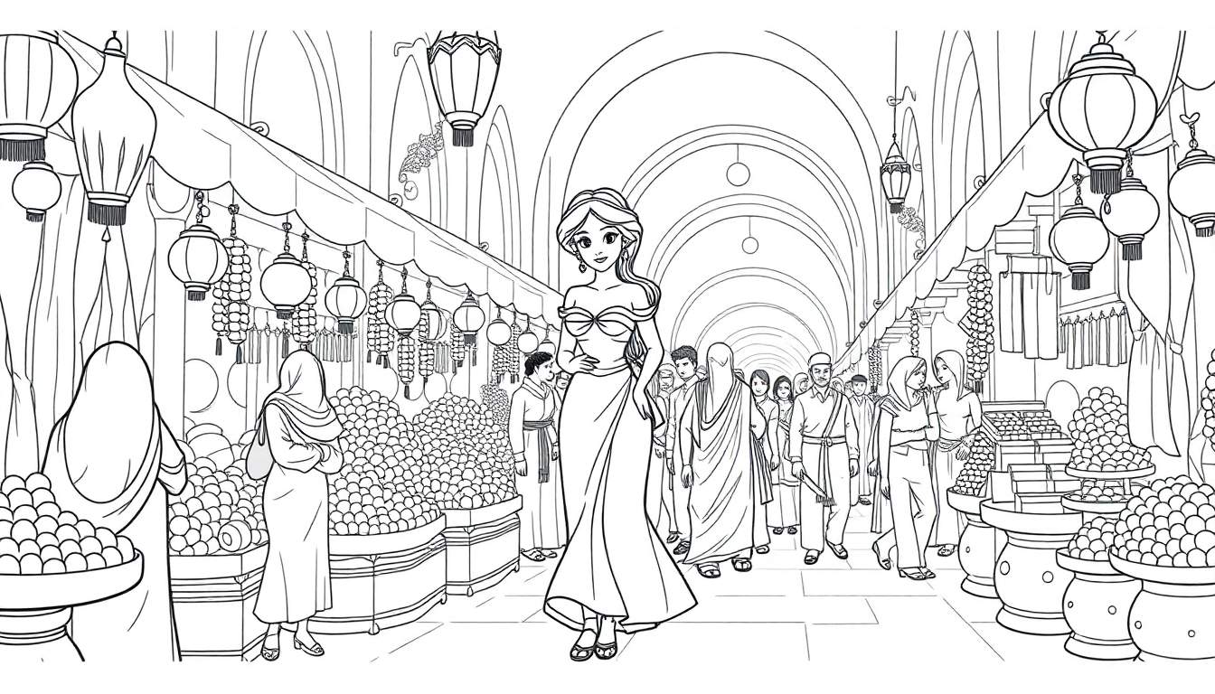 Une femme dans une robe longue au milieu d'un marché animé avec des étals de nourriture et des lanternes.