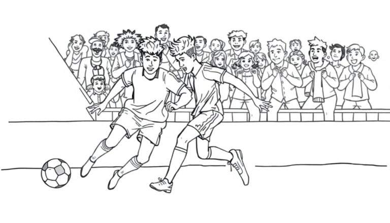 Dessin au trait de deux joueurs de soccer courant après un ballon, avec une foule encourageante derrière une clôture.