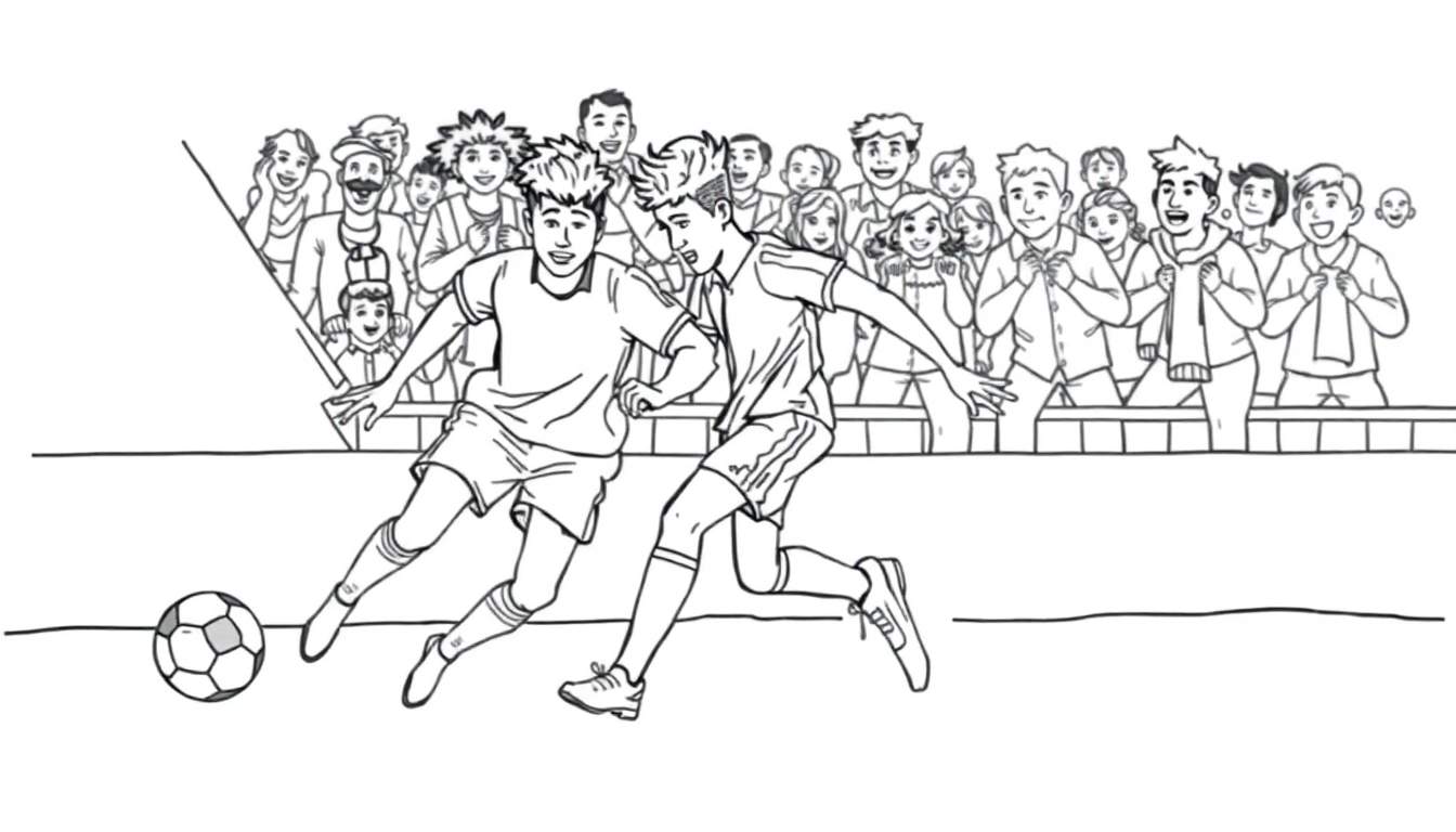 Dessin au trait de deux joueurs de soccer courant après un ballon, avec une foule encourageante derrière une clôture.