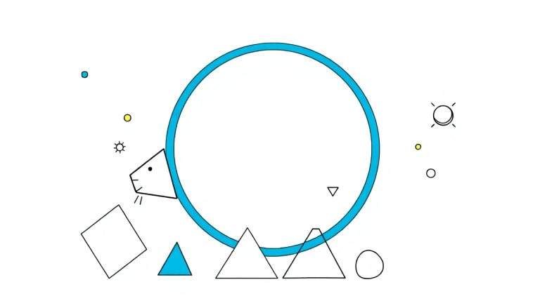 Un panneau coloré de formes géométriques joyeuses, un lion minimaliste et un soleil