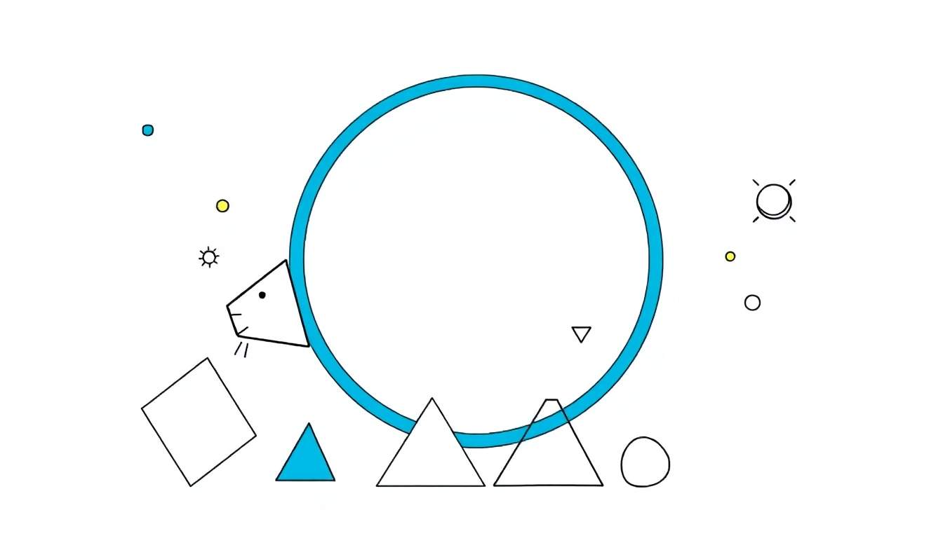 Un panneau coloré de formes géométriques joyeuses, un lion minimaliste et un soleil