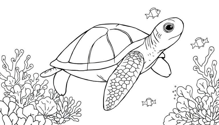 Dessin au trait noir et blanc d'une tortue de mer nageant dans un récif corallien avec des poissons, prêt pour le color panel.