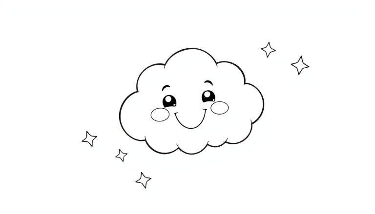 Un nuage souriant en noir et blanc entouré d'étoiles.