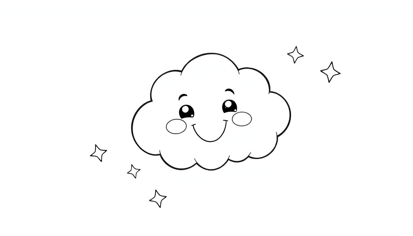 Un nuage souriant en noir et blanc entouré d'étoiles.