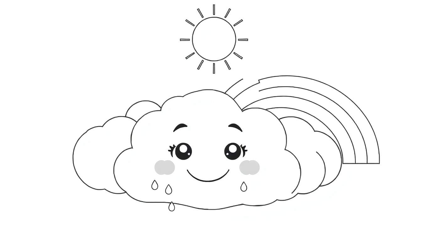 Un nuage souriant avec un arc-en-ciel et un soleil, avec des gouttes de pluie.