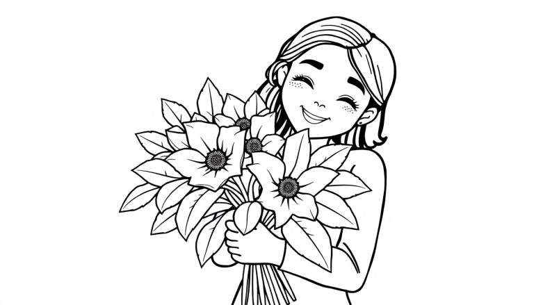 Dessin au trait d'une jeune fille souriante avec des taches de rousseur tenant un bouquet de fleurs avec un panneau de coloriage.