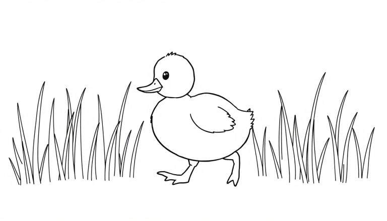 Dessin au trait d'un caneton mignon dans l'herbe, avec un color panel.