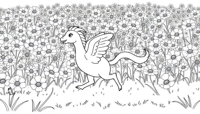 Un petit dragon amical court dans un champ de fleurs, prêt à être colorié sur un color panel.