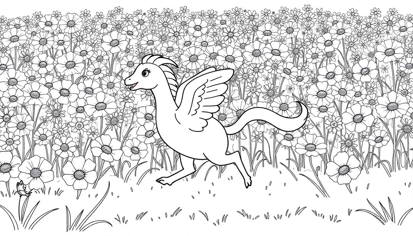 Un petit dragon amical court dans un champ de fleurs, prêt à être colorié sur un color panel.