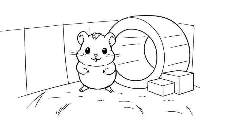 Dessin au trait d'un hamster debout dans sa cage, avec une roue et des blocs.