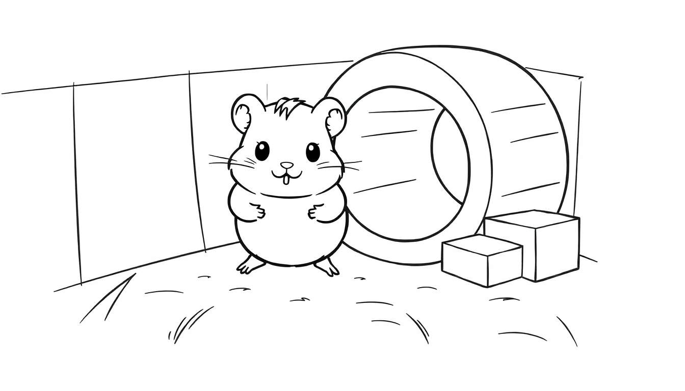 Dessin au trait d'un hamster debout dans sa cage, avec une roue et des blocs.