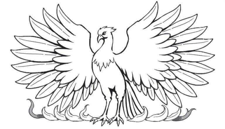 Un dessin au trait noir et blanc d'un phénix majestueux avec ses ailes déployées.