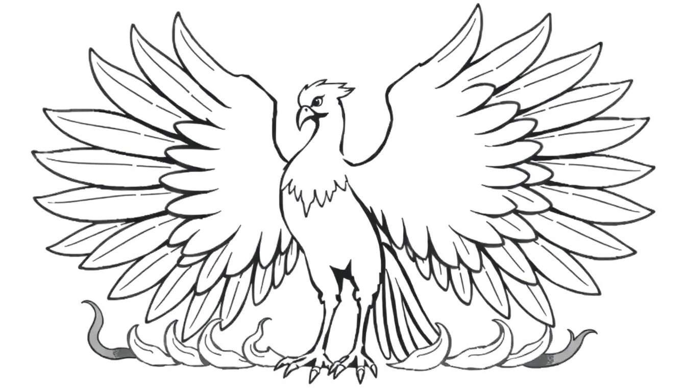 Un dessin au trait noir et blanc d'un phénix majestueux avec ses ailes déployées.