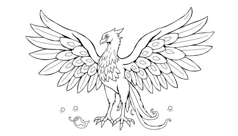 Dessin au trait d'un phénix noir et blanc avec les ailes déployées, sur un fond décoratif.
