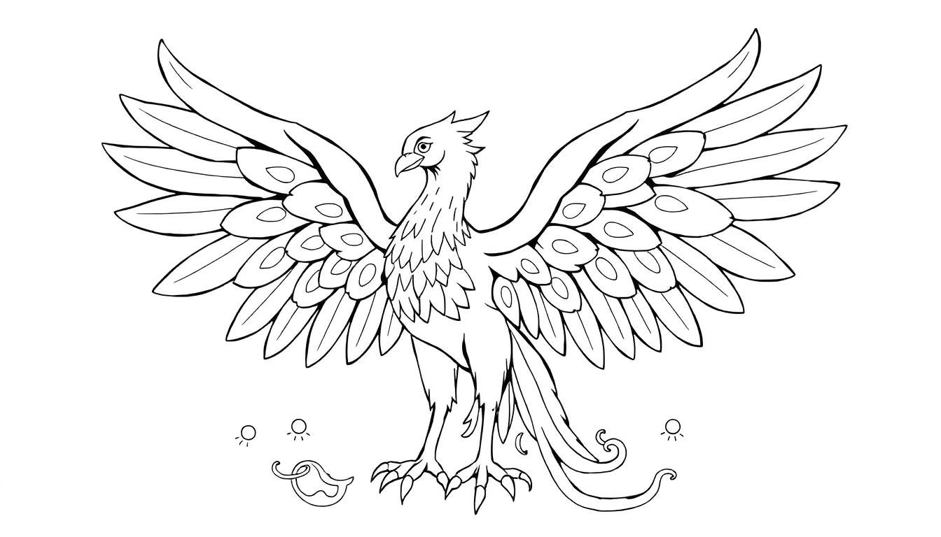 Dessin au trait d'un phénix noir et blanc avec les ailes déployées, sur un fond décoratif.