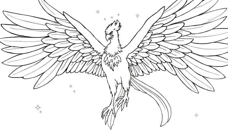 Un dessin au trait d'un phénix majestueux déployant ses ailes, entouré d'étoiles scintillantes.