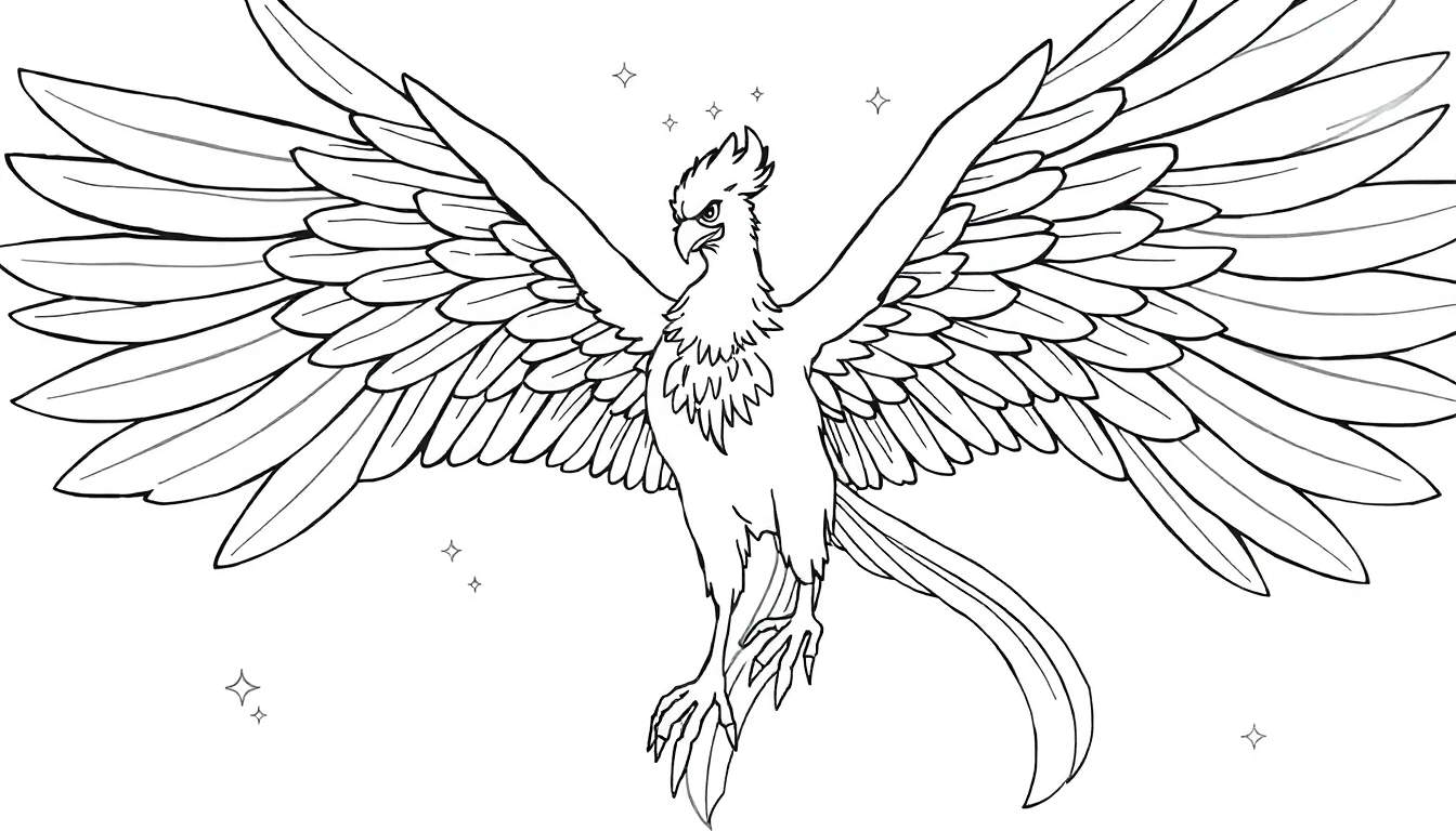 Un dessin au trait d'un phénix majestueux déployant ses ailes, entouré d'étoiles scintillantes.